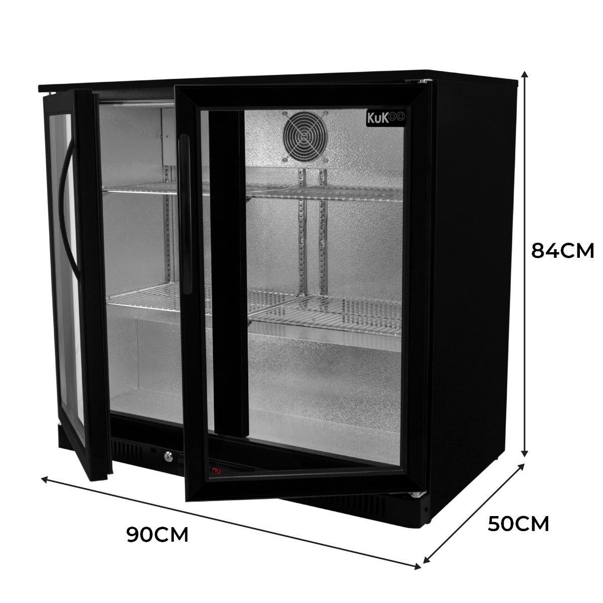 Schwarzer Barkühlschrank mit doppelter Scharniertür, transparenten Regalen und Innenbeleuchtung, Maße 90cm x 50cm x 84cm, ideal für Getränkeaufbewahrung