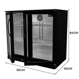 Schwarzer Barkühlschrank mit doppelter Scharniertür, transparenten Regalen und Innenbeleuchtung, Maße 90cm x 50cm x 84cm, ideal für Getränkeaufbewahrung
