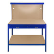 Robuste blaue Werkbank mit Lochwand, zwei Schubladen und einer praktischen Arbeitsfläche aus hellem Holz, ideal für Werkstätten und Hobbyräume