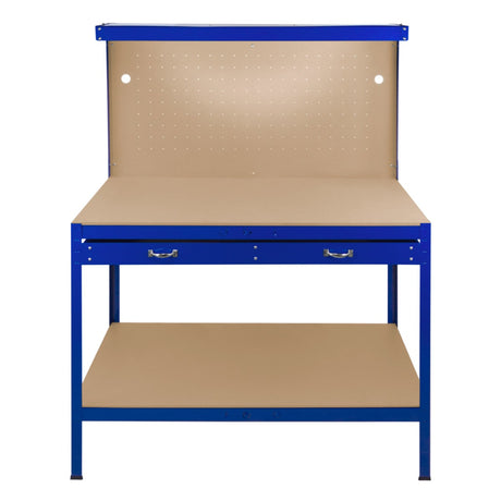 Robuste blaue Werkbank mit Lochwand, zwei Schubladen und einer praktischen Arbeitsfläche aus hellem Holz, ideal für Werkstätten und Hobbyräume