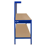 Robuste Werkbank in Blau mit stabiler Lochwand, praktischer Schublade und integrierter Beleuchtung, ideal für Werkstätten und Hobbyräume
