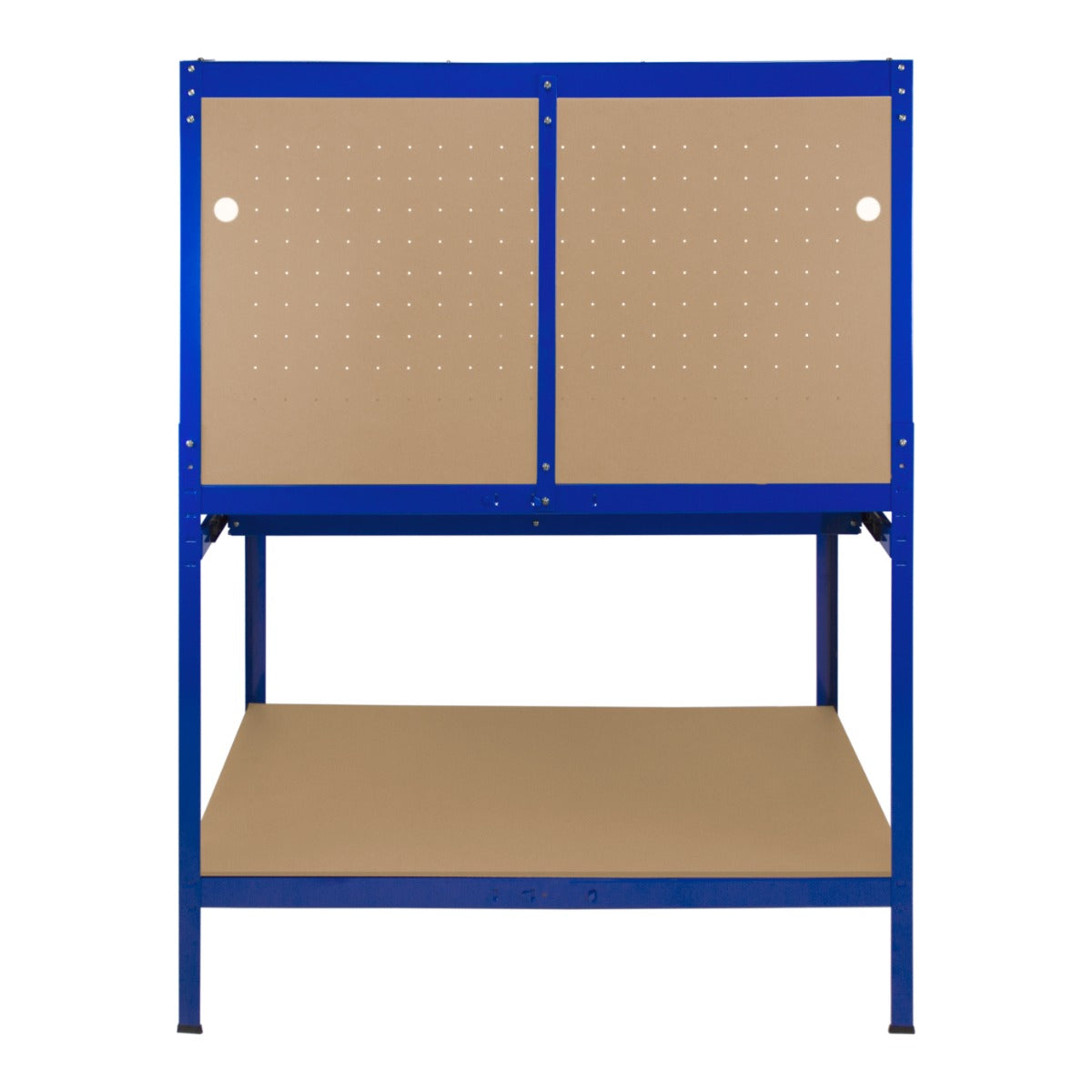 Robuste blaue Werkbank mit Lochwand, praktischer Schublade und integrierter Beleuchtung, ideal für Werkstätten und Heimwerkerprojekte
