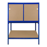 Robuste blaue Werkbank mit Lochwand, praktischer Schublade und integrierter Beleuchtung, ideal für Werkstätten und Heimwerkerprojekte