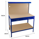 Robuste Werkbank in Blau mit Lochwand, praktischer Schublade und integrierter Beleuchtung, ideal für Werkstätten und Hobbyräume