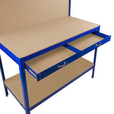 Robuste Werkbank in Blau mit Lochwand, zwei Schubladen und einer praktischen Arbeitsfläche aus Holz, ideal für Werkstätten und Hobbyräume