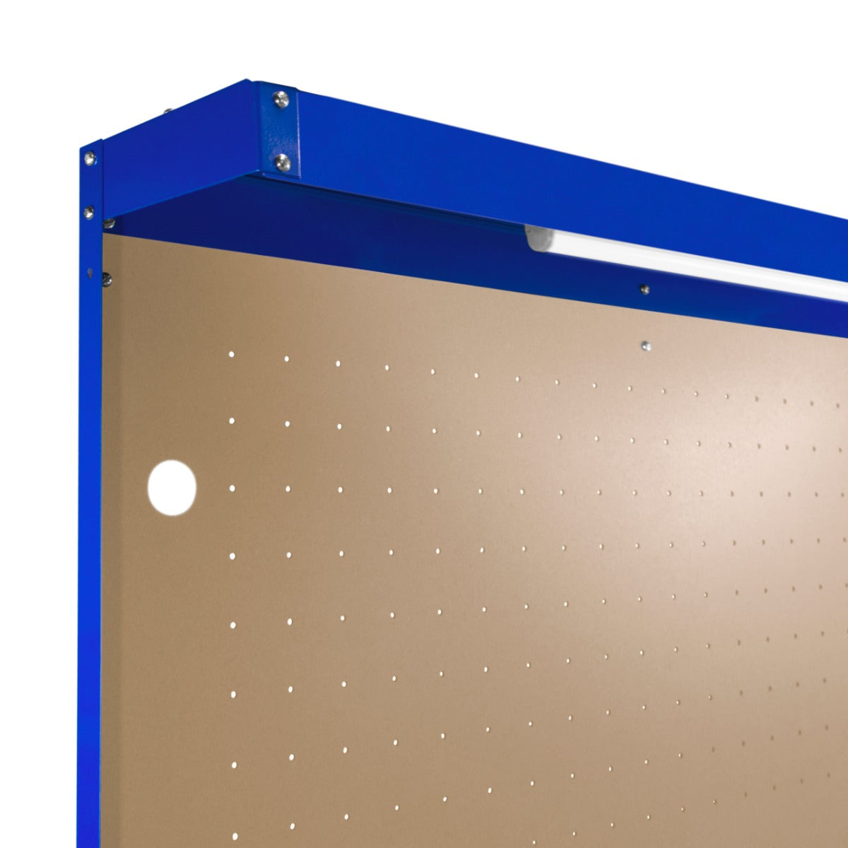 Robuste Werkbank in Blau mit Lochwand, integrierter Schublade und LED-Licht, ideal für Werkstätten und kreative Projekte