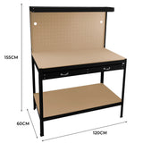 Schwarze Werkbank mit Lochwand, zwei Schubladen und integrierter Beleuchtung, robustes Design, ideal für Werkstätten und Bastelprojekte