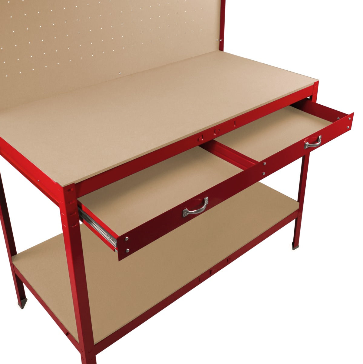 Robuste rote Werkbank mit Lochwand, zwei Schubladen und einer glatten Arbeitsfläche aus Holz, ideal für Werkstätten und Heimwerkerprojekte