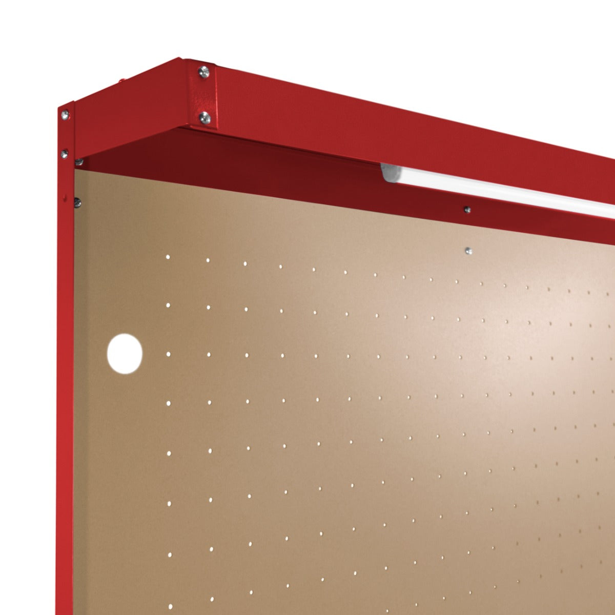 Robuste Werkbank in leuchtendem Rot mit praktischer Lochwand, integrierter Schublade und hellem Licht für optimale Arbeitsbedingungen