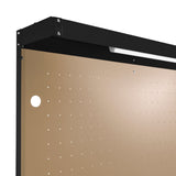Schwarze Werkbank mit Lochwand, integrierter Schublade und LED-Licht, ideal für Werkstätten und kreative Projekte, robustes Material und funktionales Design
