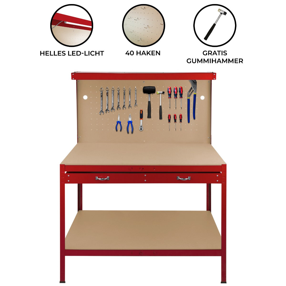 Robuste rote Werkbank mit Lochwand, Schublade und hellem LED-Licht, ausgestattet mit 40 Haken und Werkzeugen, inklusive gratis Gummihammer