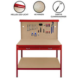 Robuste rote Werkbank mit Lochwand, Schublade und hellem LED-Licht, ausgestattet mit 40 Haken und Werkzeugen, inklusive gratis Gummihammer