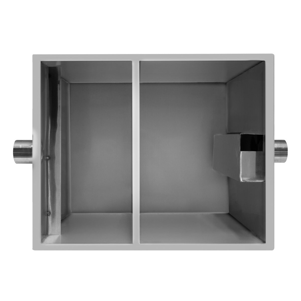 Fettabscheider aus Edelstahl mit zwei Kammern, glänzender Oberfläche, robustem Design und seitlichem Auslass für effiziente Fetttrennung