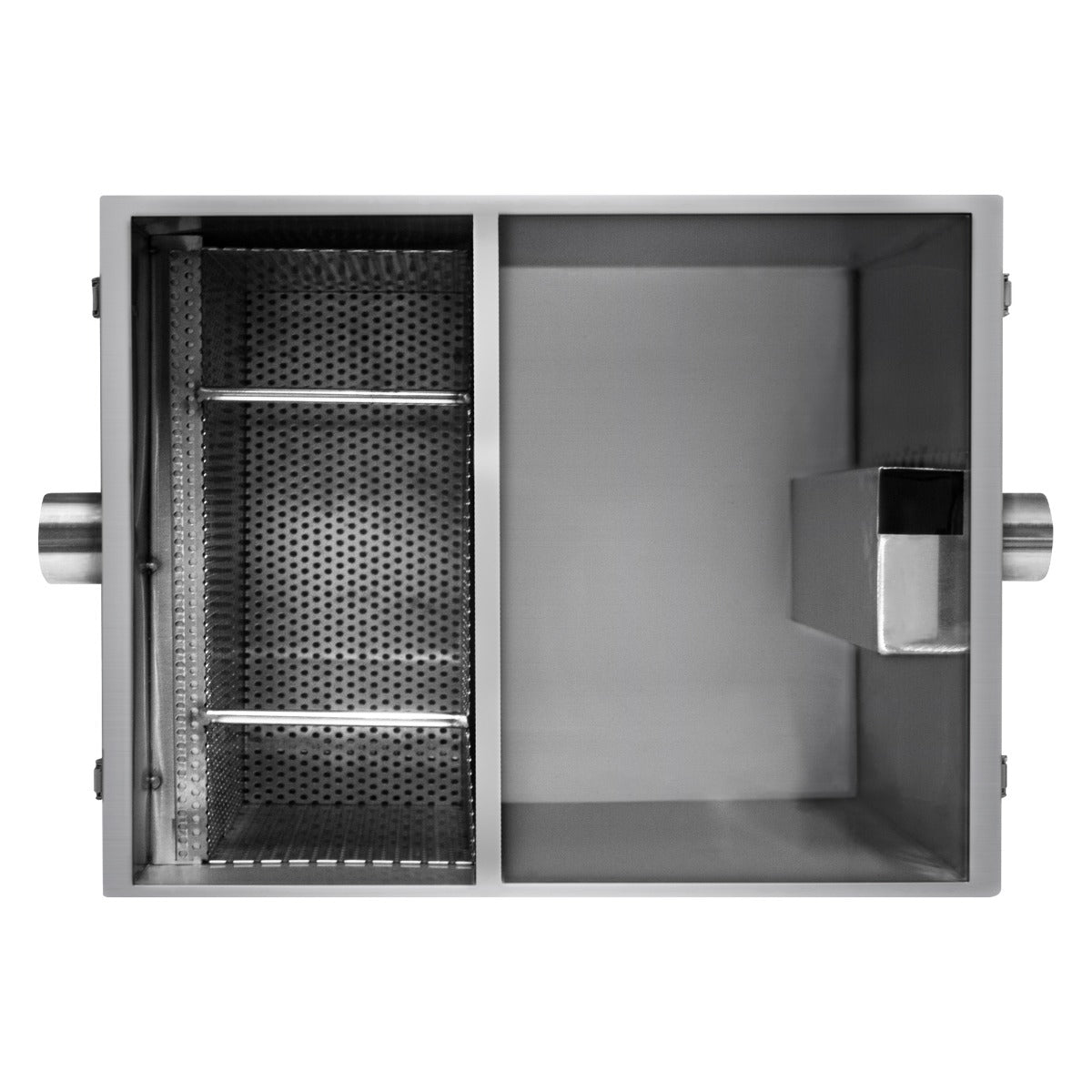 Fettabscheider aus Edelstahl mit zwei Kammern, perforiertem Einsatz und seitlichem Auslass, ideal für Gastronomiebetriebe, 35L Kapazität