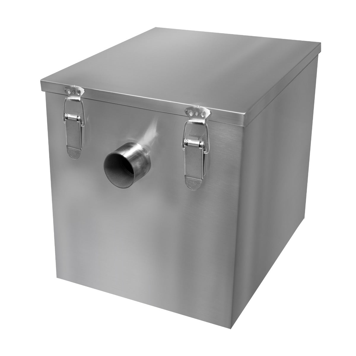 Fettabscheider aus Edelstahl mit quadratischer Form, glänzender Oberfläche und zwei stabilen Verschlüssen, ideal für die Gastronomie mit 35L Fassungsvermögen