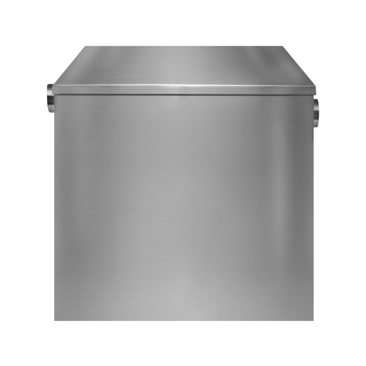 Fettabscheider aus Edelstahl mit glatter, glänzender Oberfläche, rechteckiger Form und stabilen Griffen, ideal für Gastronomiebetriebe