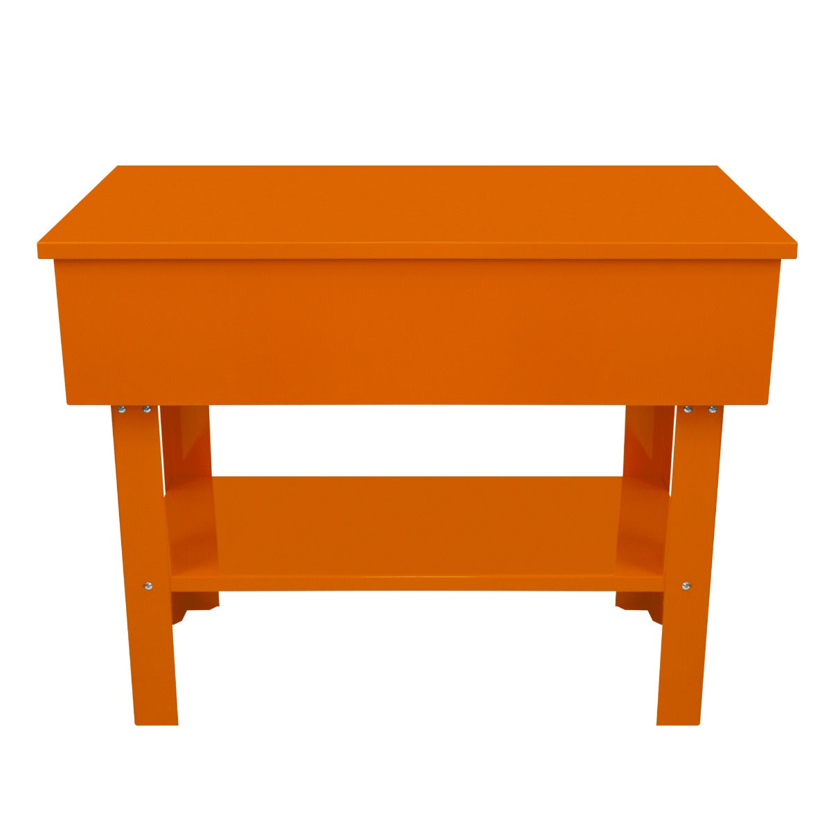 Teilewaschgerät in leuchtendem Orange, rechteckige Form mit glatter Oberfläche, stabilen Beinen und unterer Ablagefläche für Werkzeuge und Zubehör
