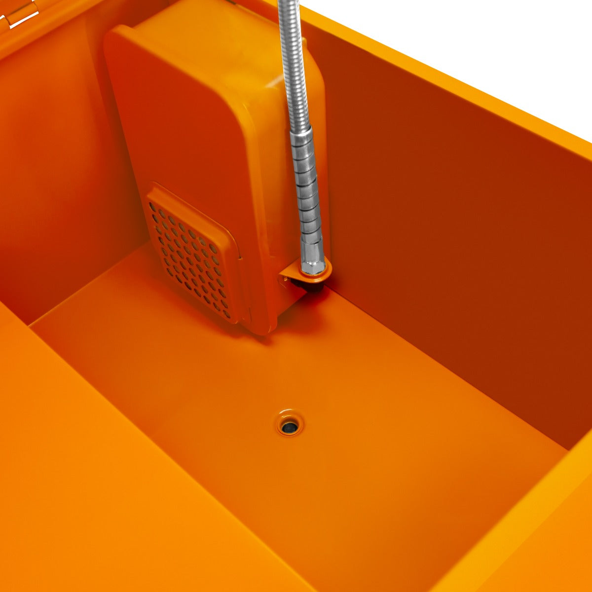 Teilewaschgerät mit 180L Fassungsvermögen, leuchtend orange, aus robustem Material, mit einem flexiblen Schlauch und einem praktischen Ablassventil