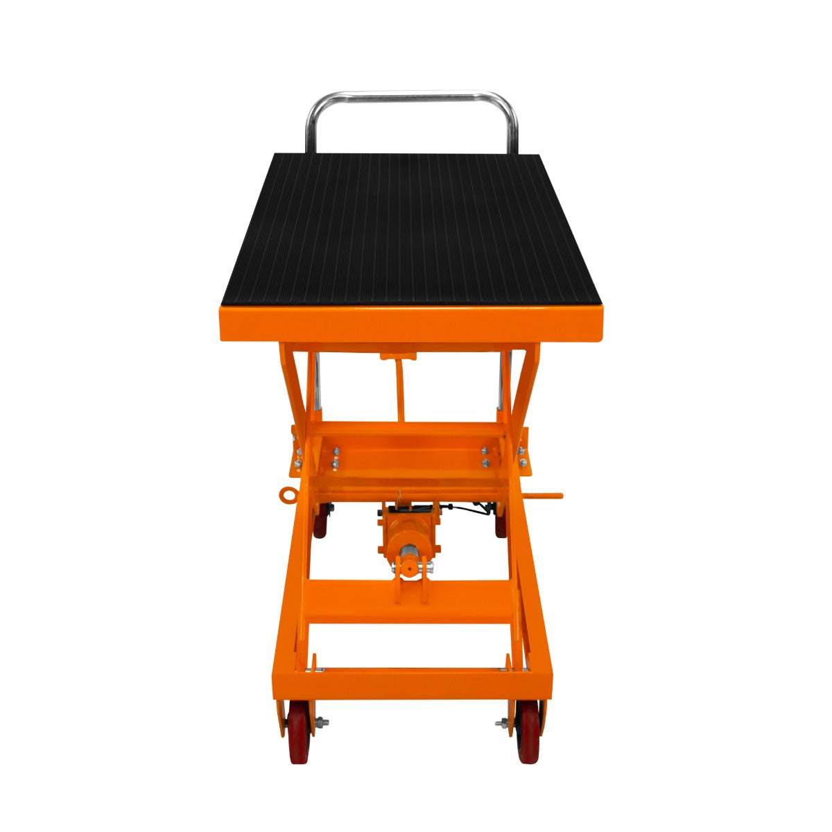 Hydraulischer Hubtisch in leuchtendem Orange mit rutschfester, schwarzer Oberfläche, stabilen Rollen und einem praktischen Griff für einfache Mobilität