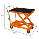 Hydraulischer Hubtisch in leuchtendem Orange mit schwarzer Gummitischplatte, verstellbar von 51 cm bis 91 cm, ausgestattet mit stabilen Rollen für einfache Mobilität