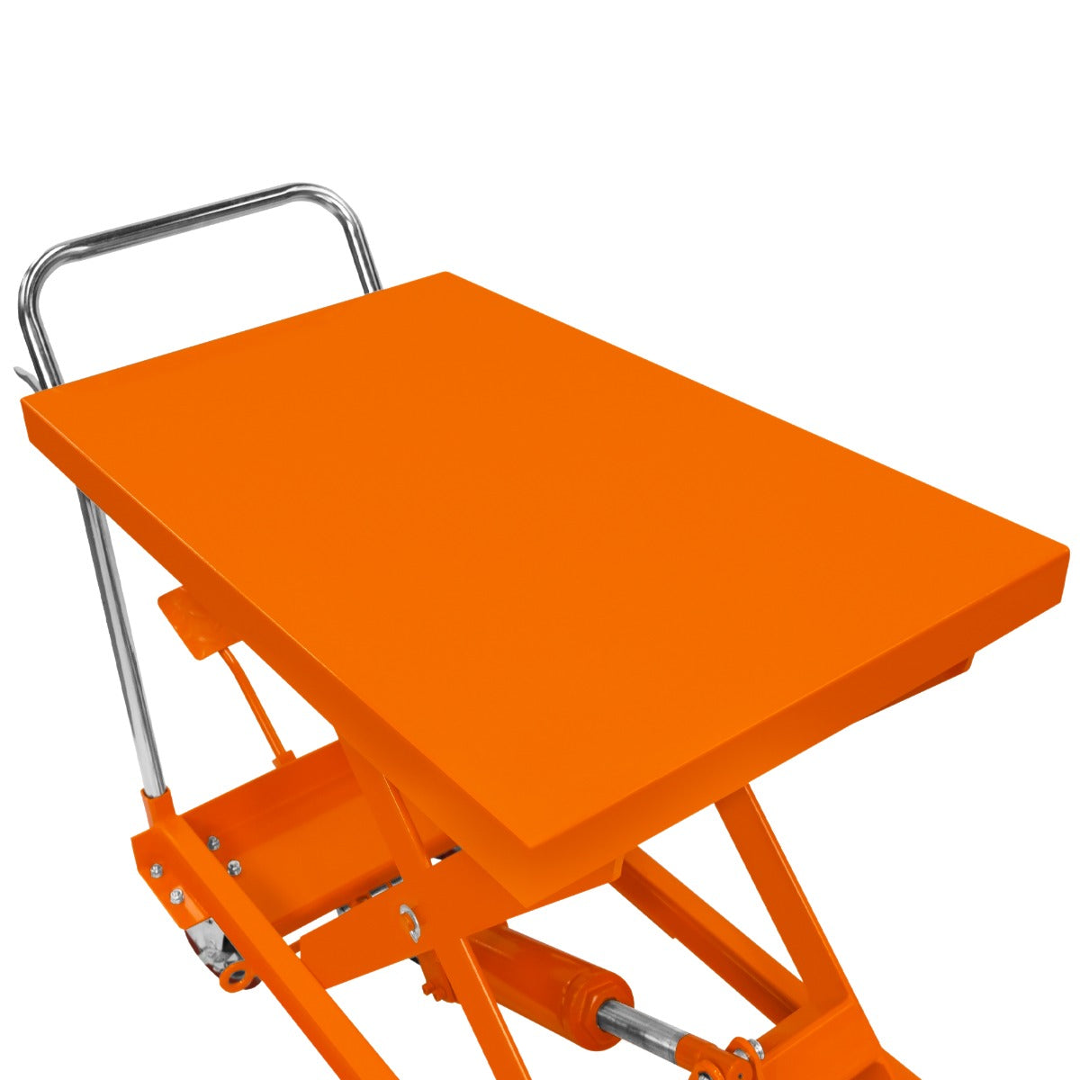 Hydraulischer Hubtisch mit leuchtend orangefarbener, glatter Oberfläche und stabilen Metallrahmen, ideal für das Anheben schwerer Lasten