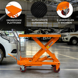 Hydraulischer Hubtisch in leuchtendem Orange mit rutschfester Gummimatte, 4 Lenkrollen und Bremsen, ideal für Werkstätten und Montagearbeiten