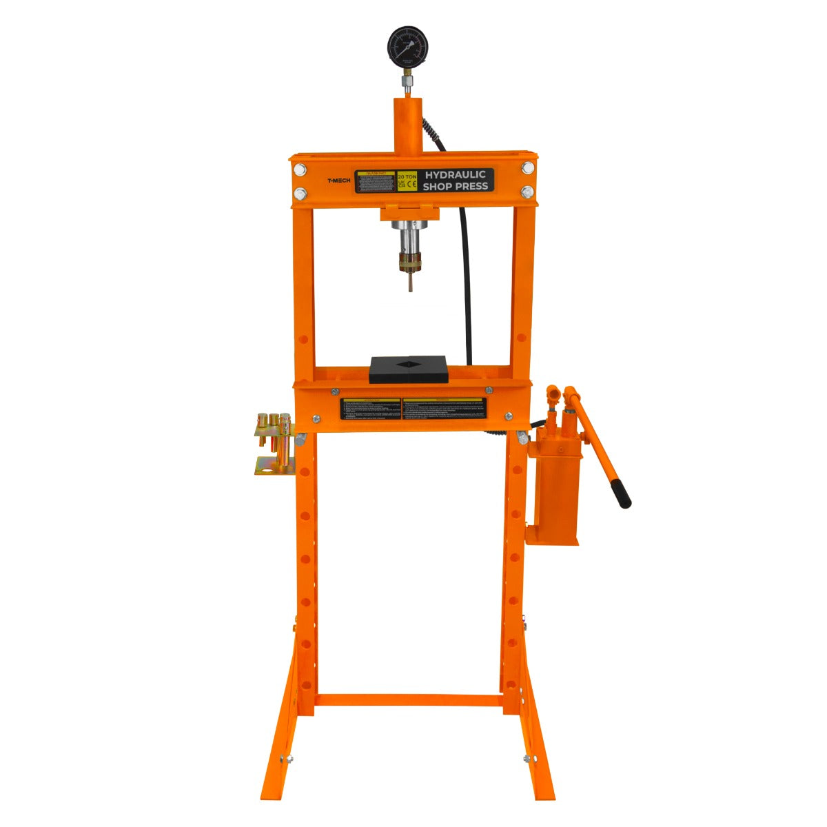 Hydraulische Werkstattpresse in leuchtendem Orange mit Manometer, stabiler Metallkonstruktion und einem robusten Drucktisch für vielseitige Anwendungen