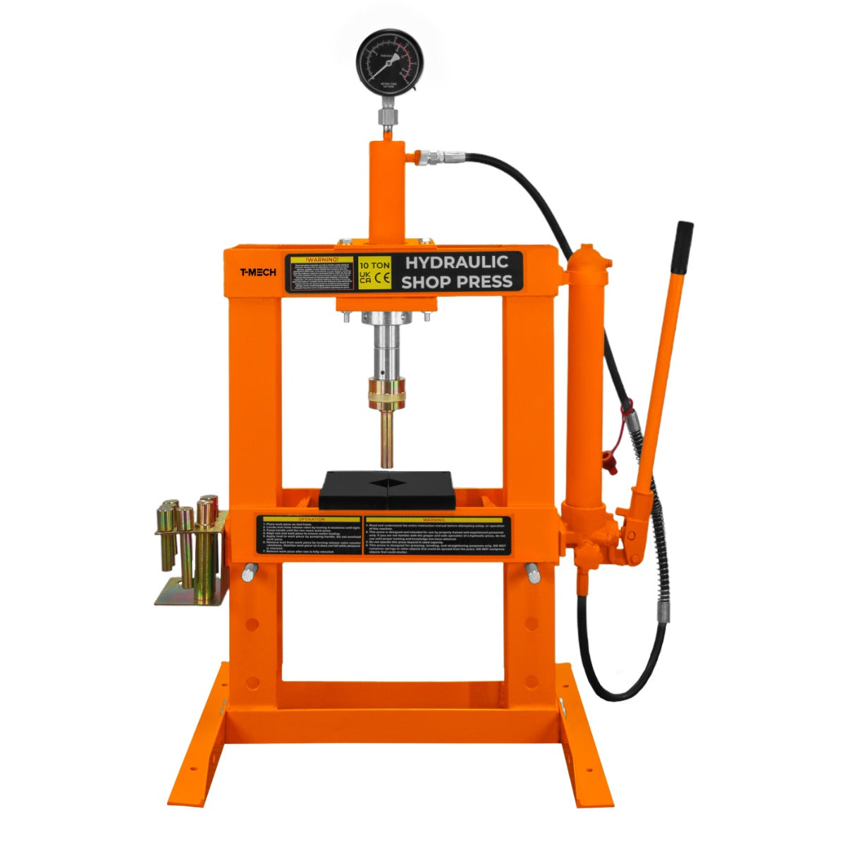 Hydraulische Werkstattpresse in leuchtendem Orange mit Manometer, stabiler Metallkonstruktion und schwarzer Arbeitsfläche, ideal für vielseitige Anwendungen