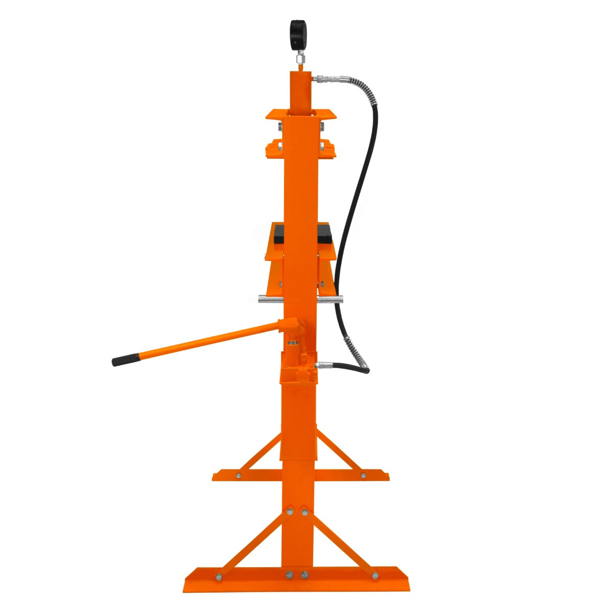 Hydraulische Werkstattpresse in leuchtendem Orange mit Manometer, stabiler Basis und Hebelarm für präzise Druckanwendungen bis 20 Tonnen