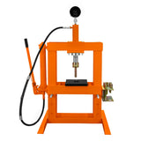 Hydraulische Werkstattpresse in leuchtendem Orange mit Manometer, stabiler Konstruktion und einer Druckkapazität von 10 Tonnen, ideal für Werkstätten