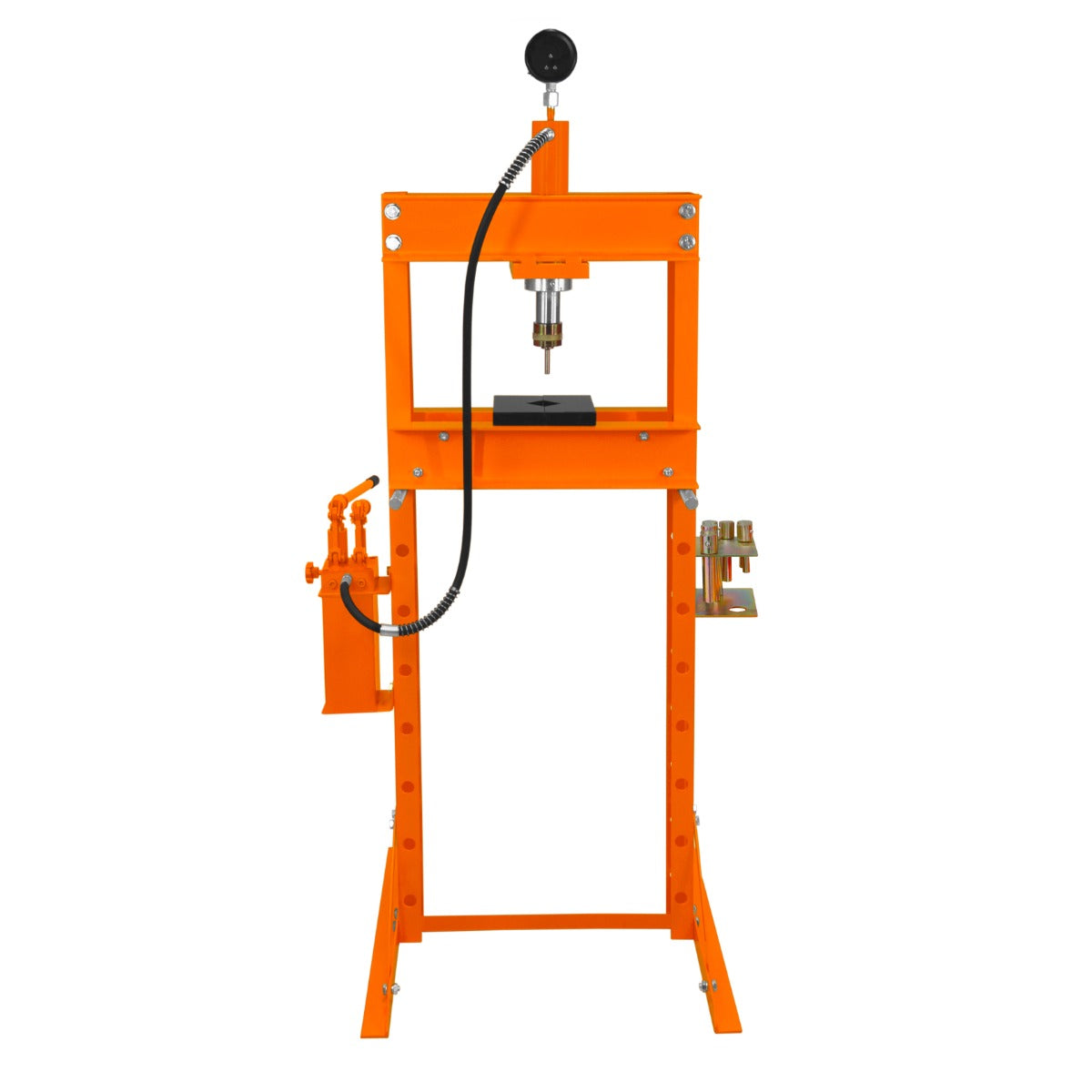 Hydraulische Werkstattpresse in leuchtendem Orange mit Manometer, stabiler Konstruktion und verstellbarem Druck, ideal für Werkstattarbeiten