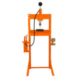 Hydraulische Werkstattpresse in leuchtendem Orange mit Manometer, stabiler Konstruktion und verstellbarem Druck, ideal für Werkstattarbeiten