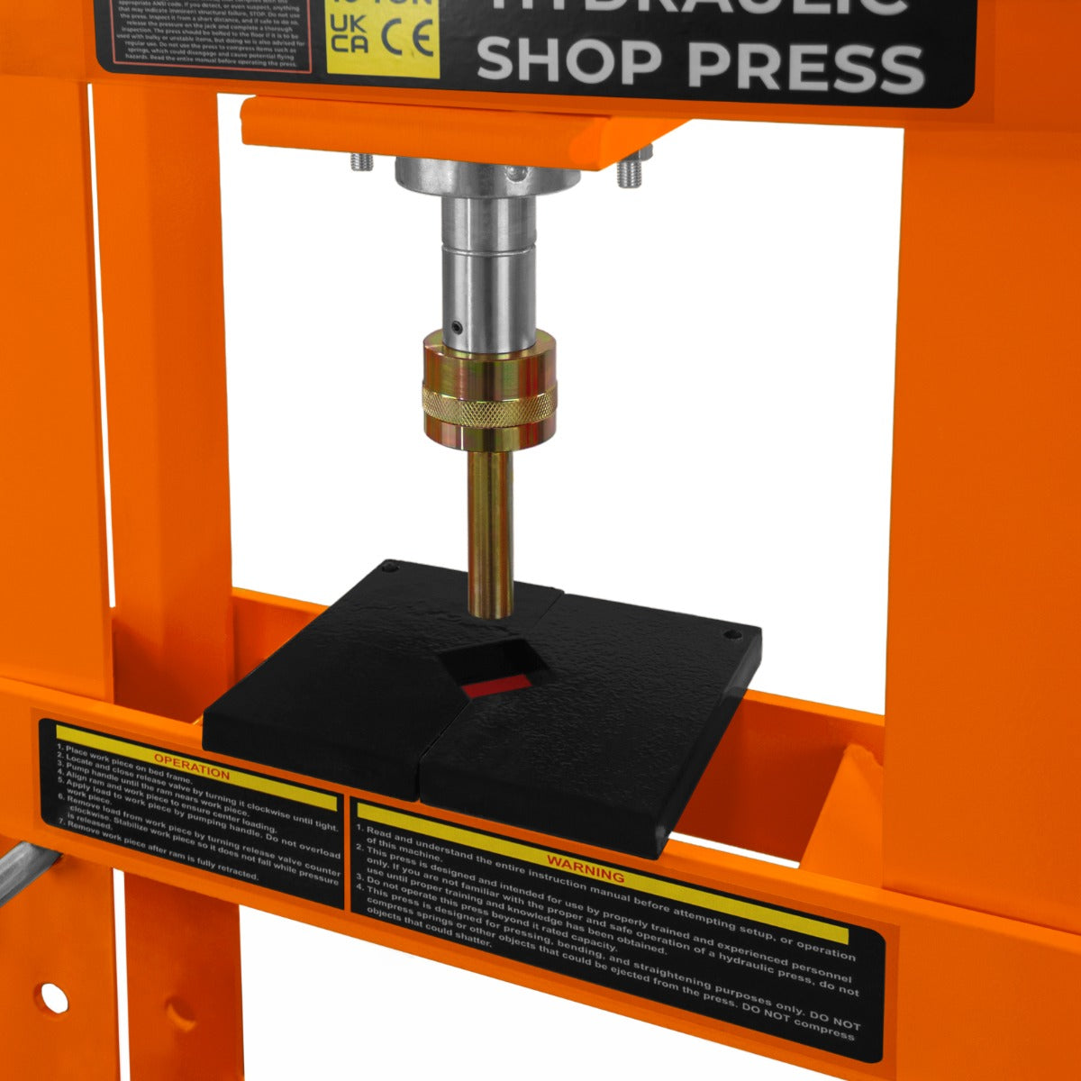 Hydraulische Werkstattpresse in leuchtendem Orange mit Manometer, stabiler schwarzer Druckplatte und präziser Kolbenmechanik für effektives Arbeiten