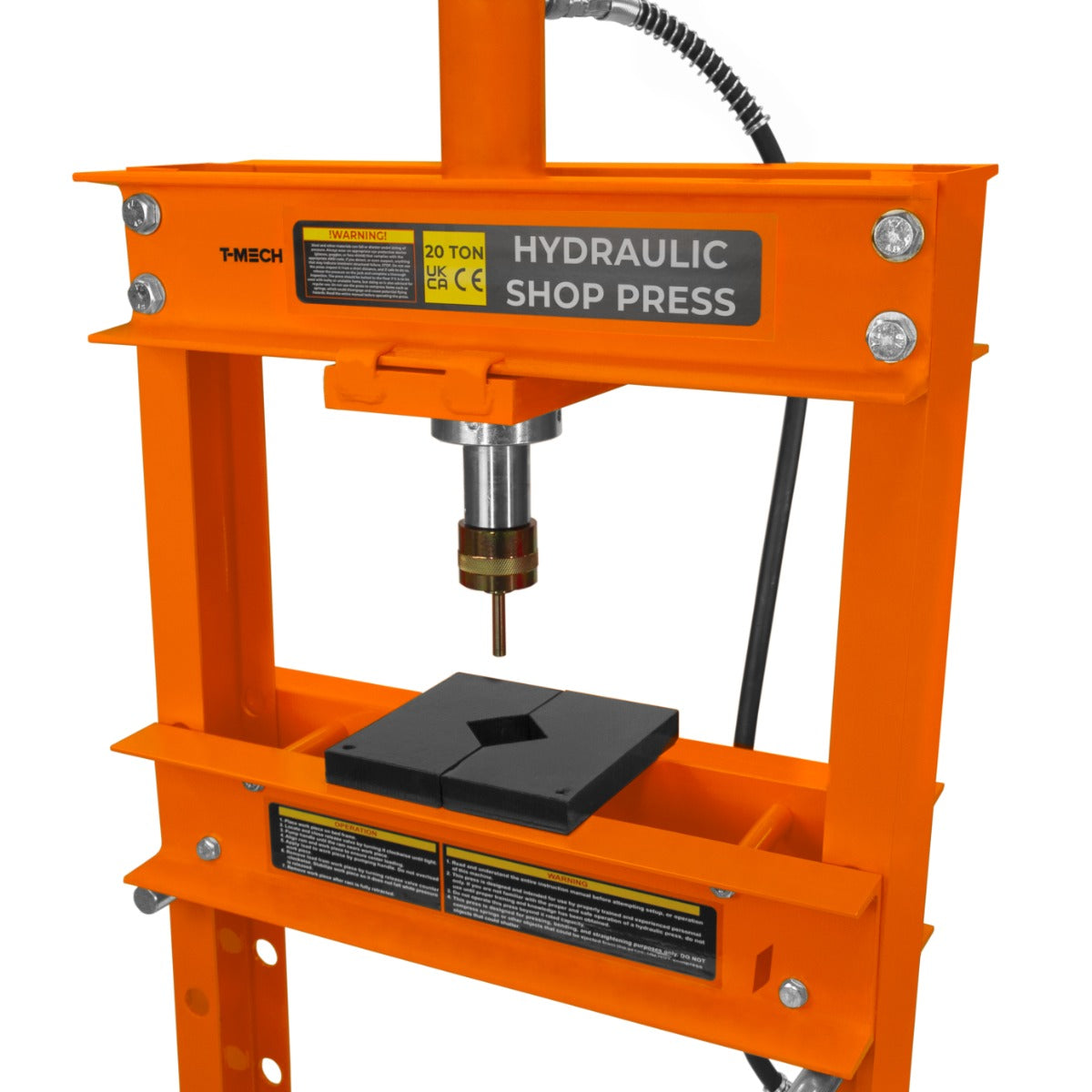 Hydraulische Werkstattpresse in leuchtendem Orange mit Manometer, stabiler Stahlrahmen und schwarzer Gummiplatte für präzise Anwendungen