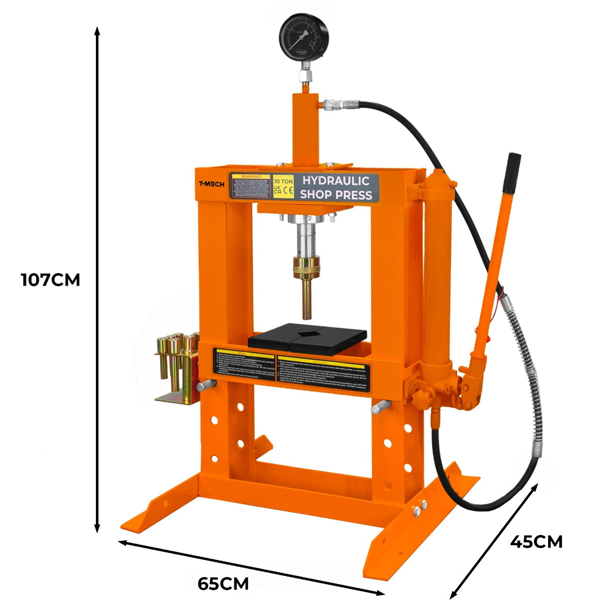 Hydraulische Werkstattpresse in leuchtendem Orange mit Manometer, robustem Stahlrahmen, 10 Tonnen Kapazität, Maße 107 cm hoch, 65 cm breit, 45 cm tief