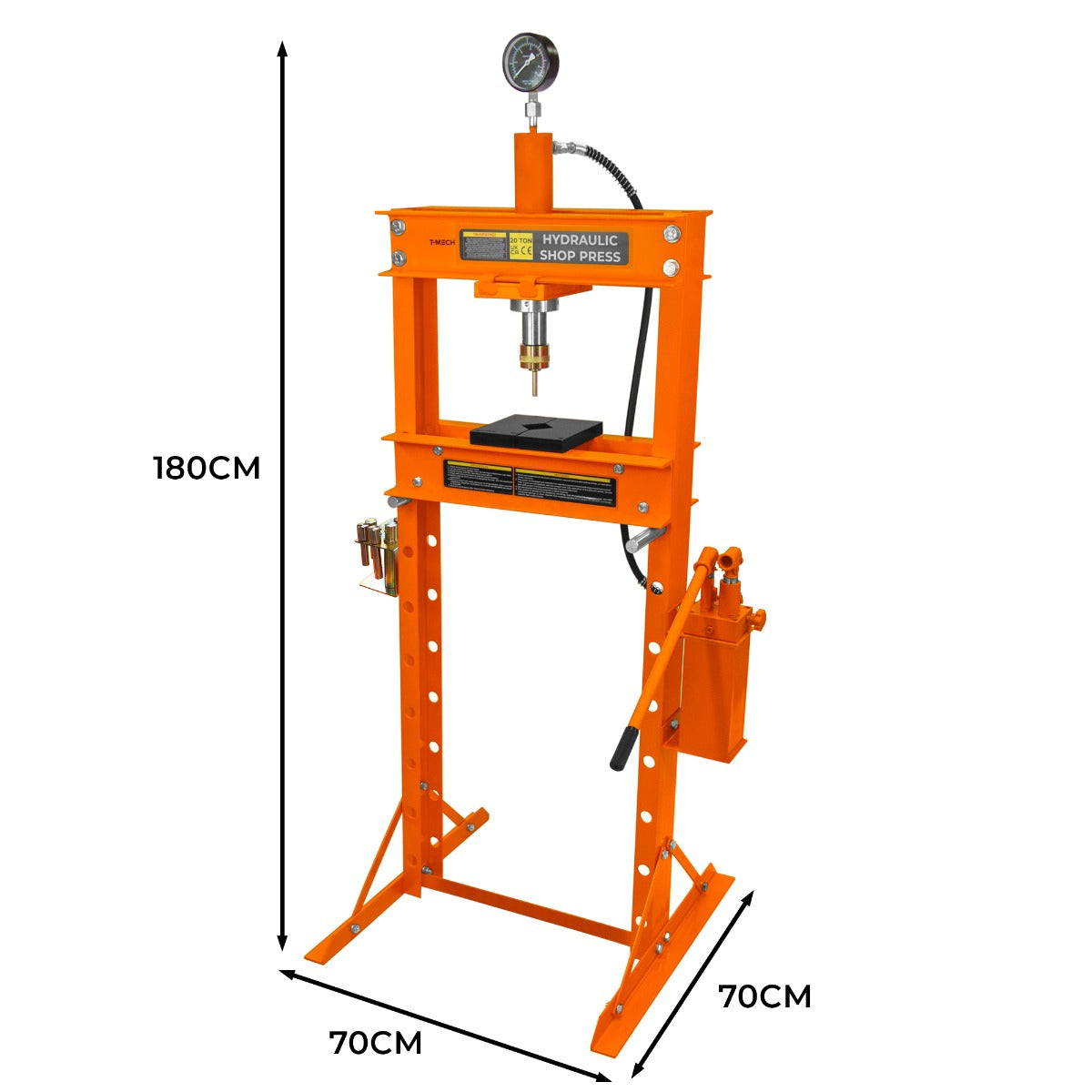 Hydraulische Werkstattpresse in leuchtendem Orange mit Manometer, stabiler Stahlkonstruktion, 20 Tonnen Druckkraft, Maße 180 cm hoch und 70 cm breit