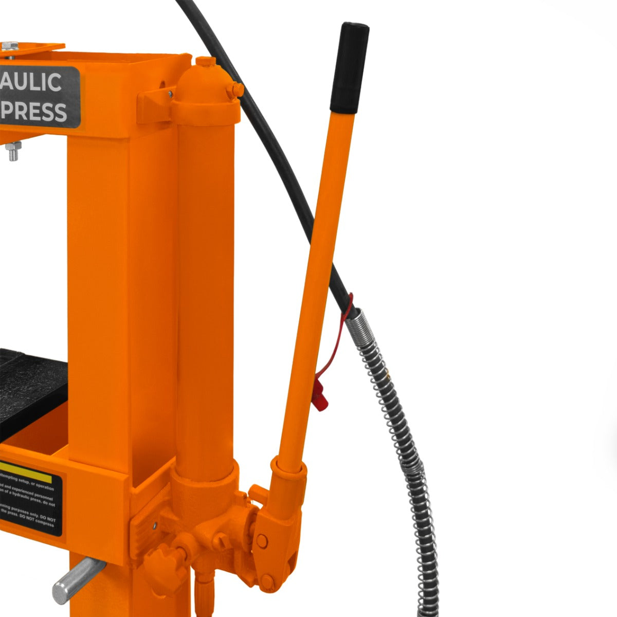 Hydraulische Werkstattpresse in leuchtendem Orange mit Manometer, stabiler Konstruktion und ergonomischem Hebel für einfache Bedienung und präzise Druckkontrolle