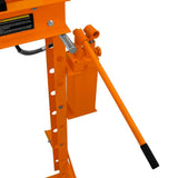 Hydraulische Werkstattpresse in leuchtendem Orange mit Manometer, stabiler Metallrahmen, langer Hebelstange für einfache Bedienung und präzise Druckkontrolle