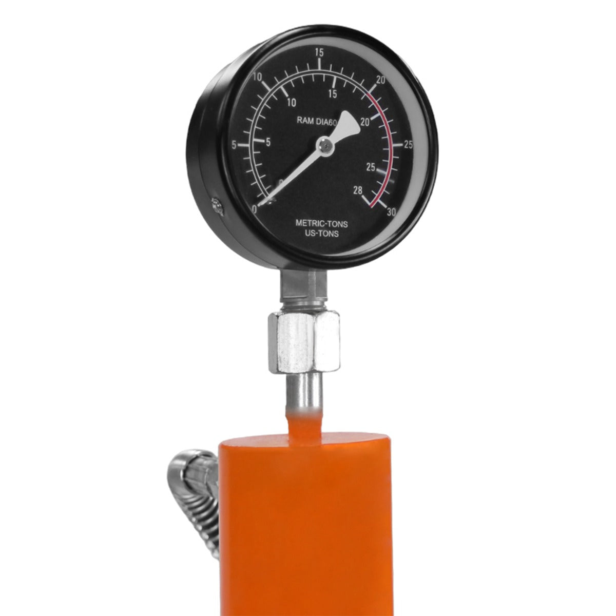 Hydraulische Werkstattpresse in leuchtendem Orange mit einem schwarzen Manometer, das den Druck bis 20 Tonnen anzeigt, robust und funktional