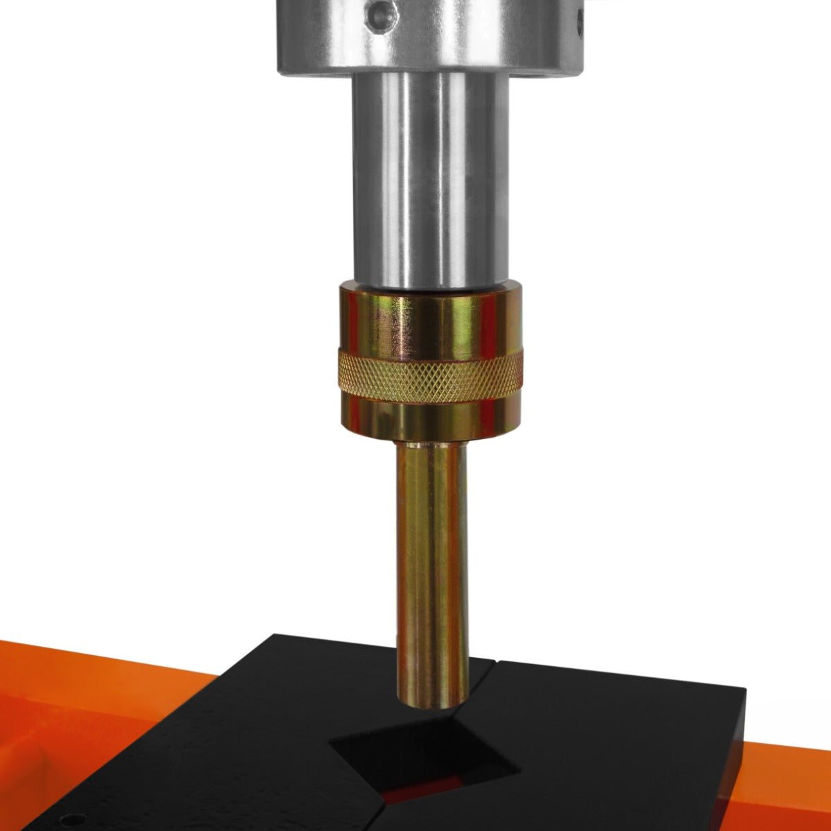 Hydraulische Werkstattpresse mit Manometer, 10 Tonne, zeigt einen metallischen Presszylinder in glänzendem Silber und einem stabilen schwarzen Pressblock