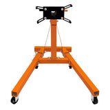 Robuster T-Mech Motorständer in leuchtendem Orange, mit stabiler Basis, verstellbaren Armen und Rollen für einfache Mobilität und Nutzung
