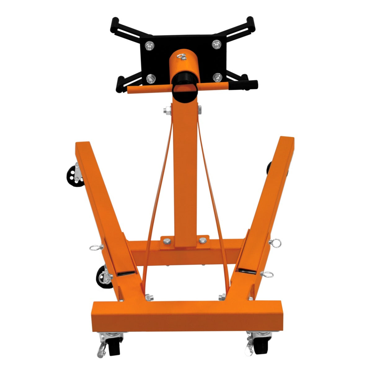 Robuster T-Mech Motorständer in leuchtendem Orange mit stabilen Rädern, verstellbarem Halter und solider Bauweise für bis zu 900 kg schwere Motoren