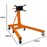 Robuster Motorständer in leuchtendem Orange, ausgestattet mit stabilen Rollen, verstellbarer Halterung und einer Höhe von 88 cm für einfache Handhabung und Mobilität