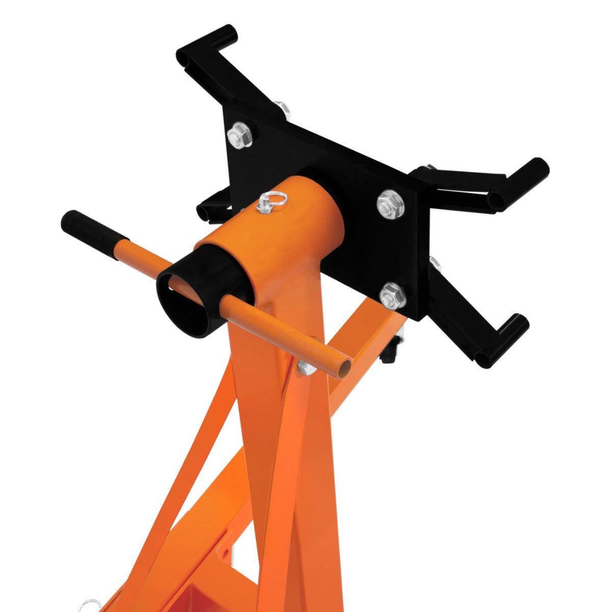 Robuster T-Mech Motorständer in leuchtendem Orange mit schwarzem Haltearm, ideal für die sichere Unterstützung von Motoren bis 900 kg