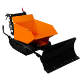 Kompakte, orange Motorschubkarre mit Kipper und schwarzer Schaufel, ideal für den Transport von bis zu 500 kg, robustes Design und geländetaugliche Ketten