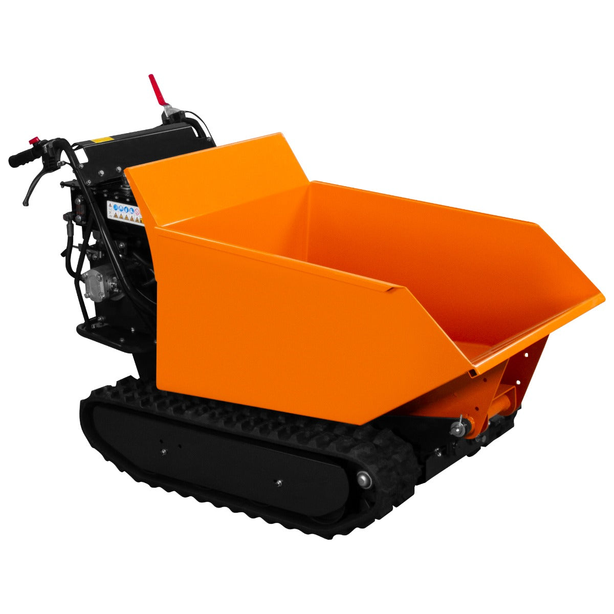 Mini Raupendumper in leuchtendem Orange mit robustem Kipper, Gummiketten und leistungsstarkem 9PS Benzinmotor, ideal für Baustellen und Transport