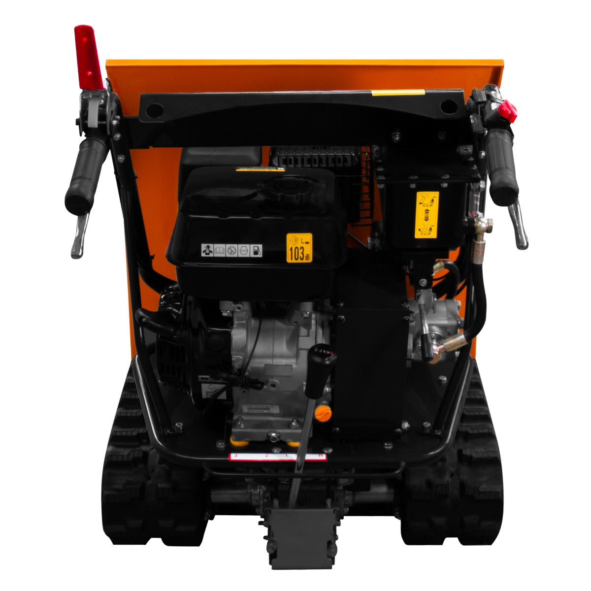 Kompakte Mini Raupendumper Motorschubkarre in leuchtendem Orange mit robustem Benzinmotor, breiten Gummiketten und praktischen Steuerhebeln