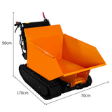 Kompakte, orangefarbene Mini Raupendumper Motorschubkarre mit Kipper, robustes Design, Gummiketten, Maße: 170cm x 70cm x 98cm, 500kg Tragfähigkeit