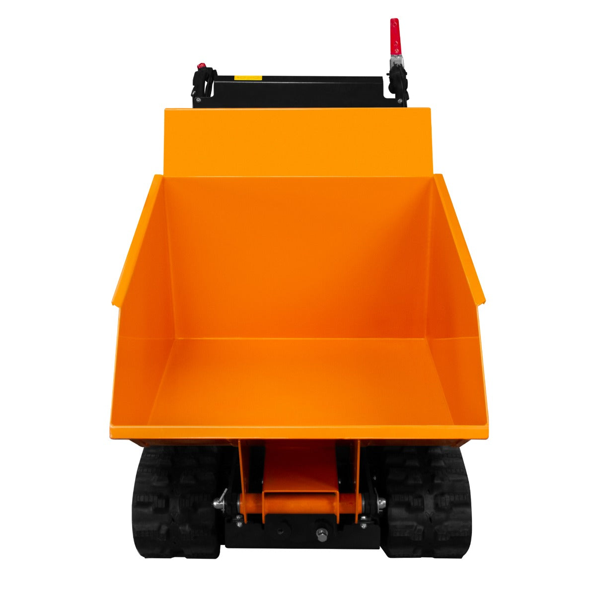 Kompakte, orangefarbene Mini Raupendumper Motorschubkarre mit robustem Kipper und Gummiketten, ideal für den Transport von bis zu 500 kg