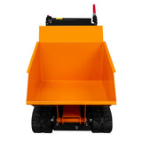 Kompakte, orangefarbene Mini Raupendumper Motorschubkarre mit robustem Kipper und Gummiketten, ideal für den Transport von bis zu 500 kg